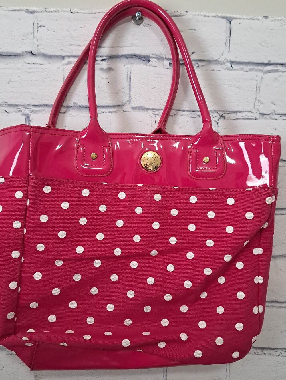 Tommy Hillfiger Pink And White Polka Dot Canvas Tote Bag
